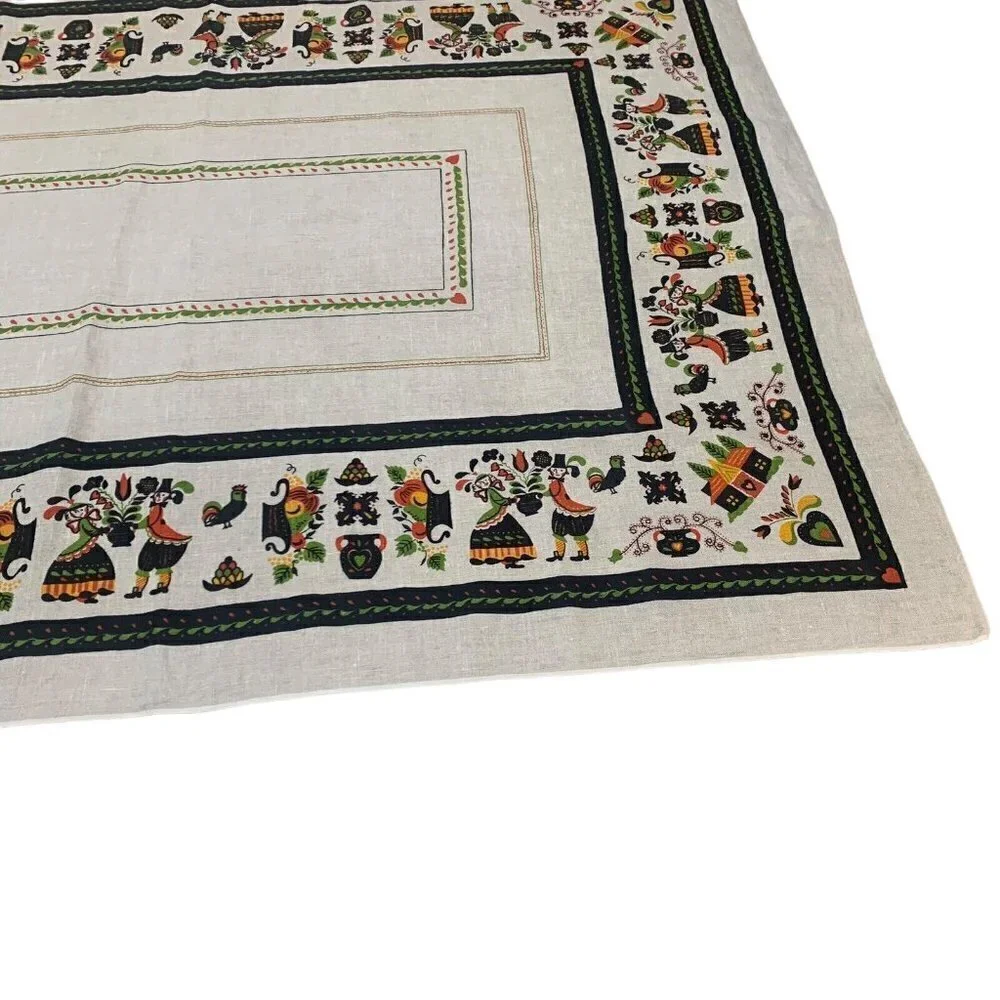 Vintage Folk Art Table Cloth Dutch Couple Linen Rectangle Tan 64 in x 50 in